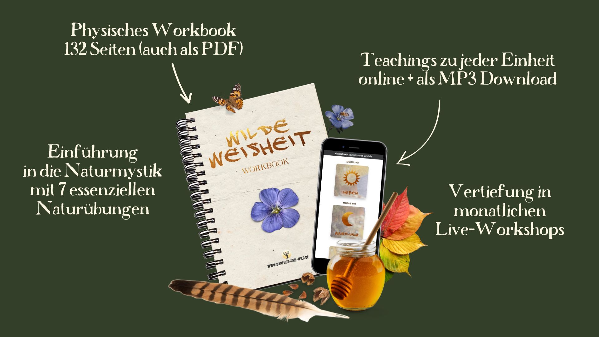 Physisches Workbook 132 Seiten (auch als PDF) | Teachings zu jeder Einheit online und als MP3 | Vertiefung in monatlichen LIVE-Workshops